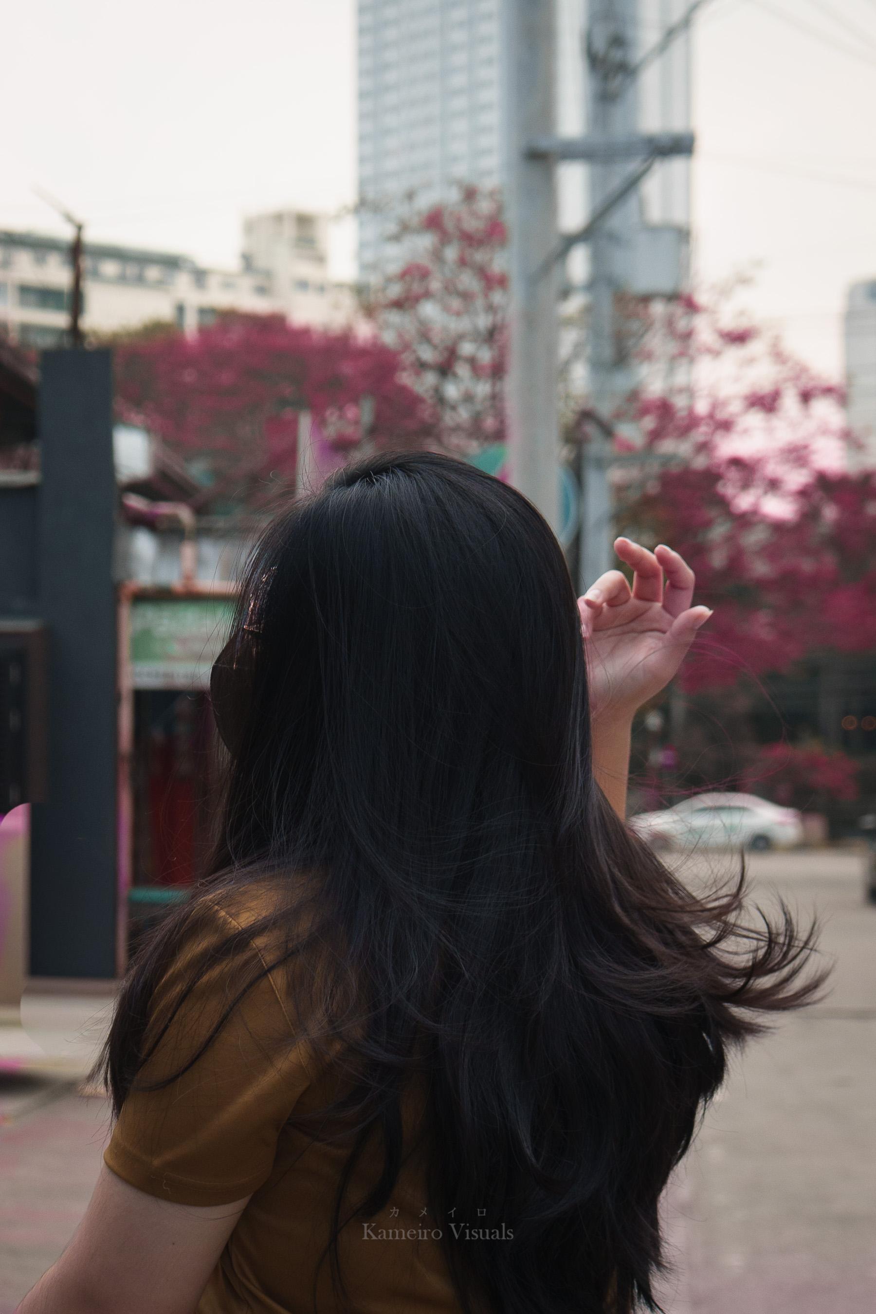 A woman seen from behind in a city street with flowering trees in the background.