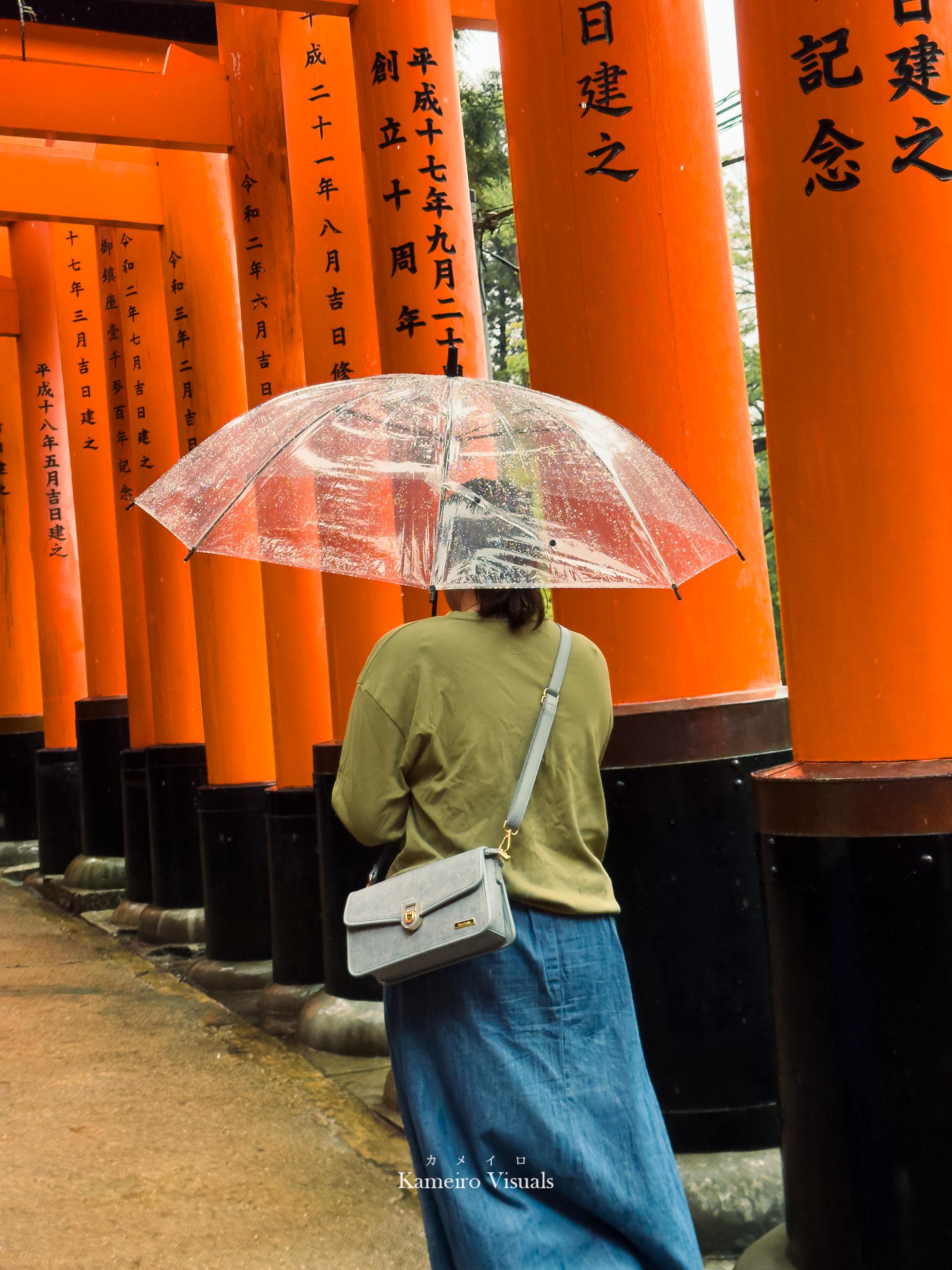 A person holding a clear umbrella among bright orange torii gates.